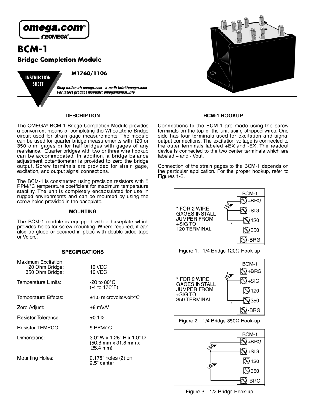 Omega Speaker Systems M1760, M1106 specifications Description BCM-1 Hookup, Mounting, Specifications 