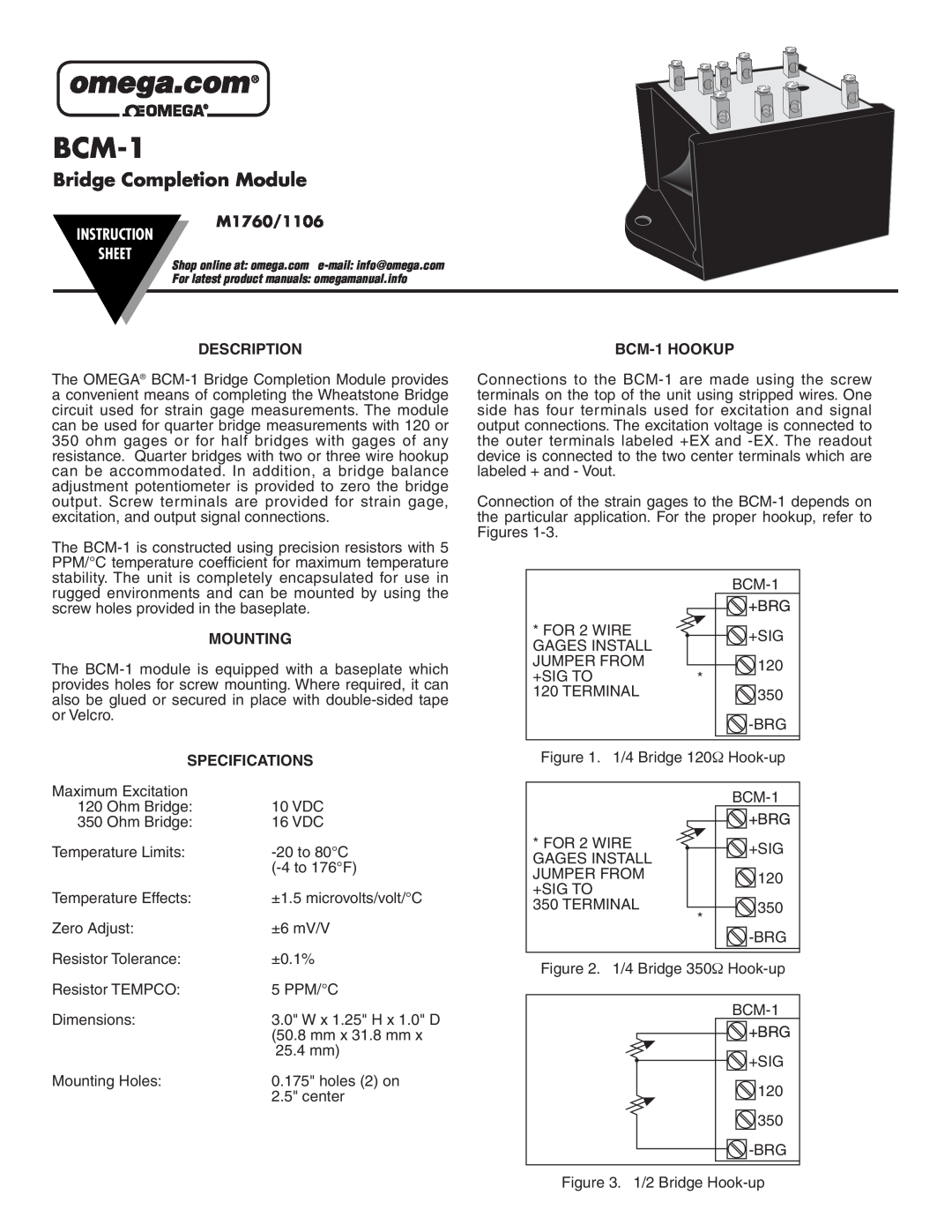 Omega Speaker Systems M1106 specifications BCM-1, Bridge Completion Module, M1760/1106, Instruction Sheet, Description 