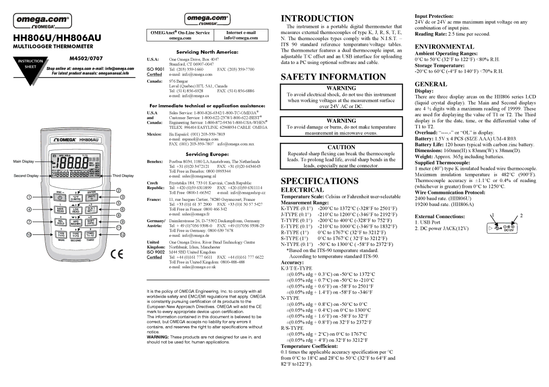 Omega Speaker Systems HH806U, M4502, HH806AU, 0707 specifications Electrical, Environmental, General 