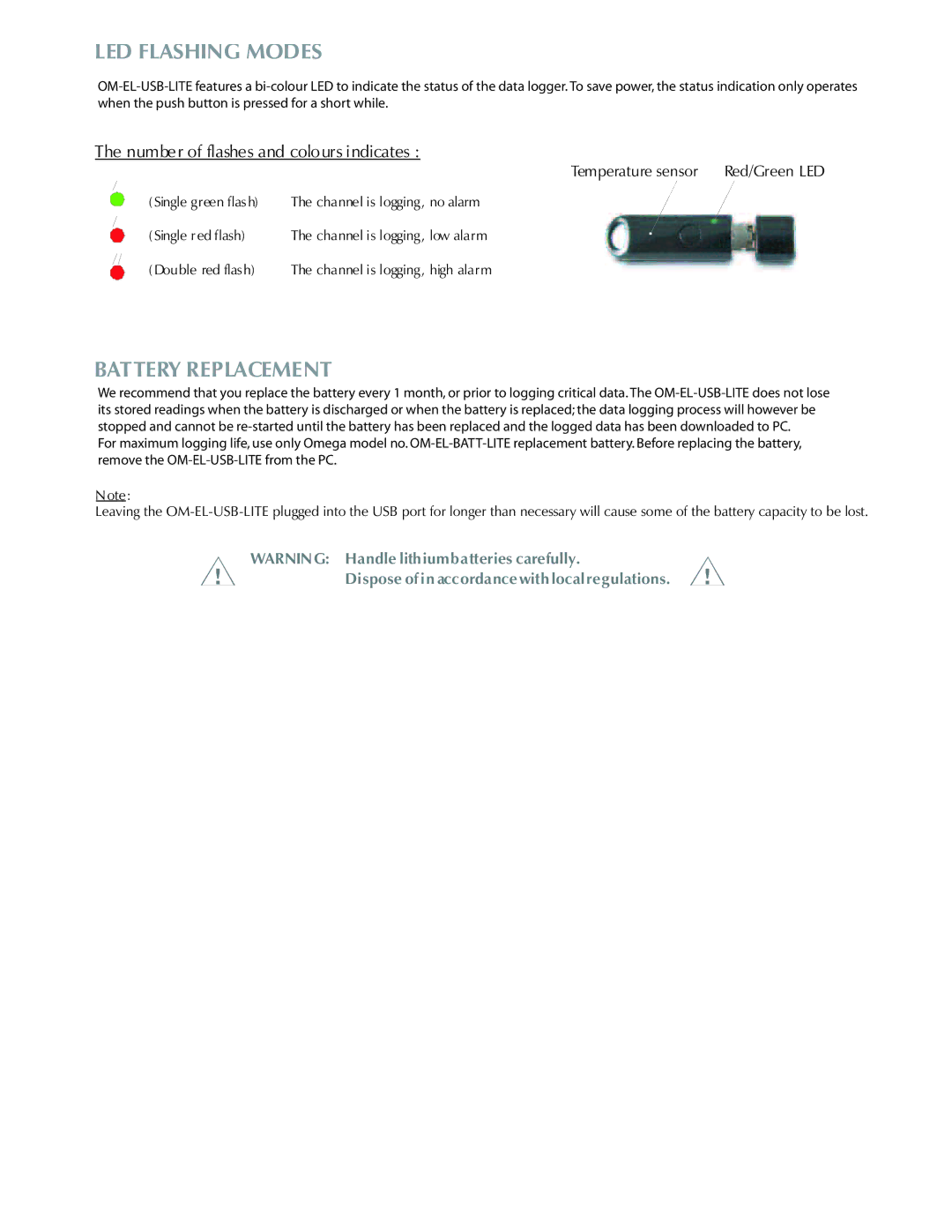 Omega Speaker Systems OM-EL-USB-LITE instruction sheet LED Flashing Modes, Battery Replacement 