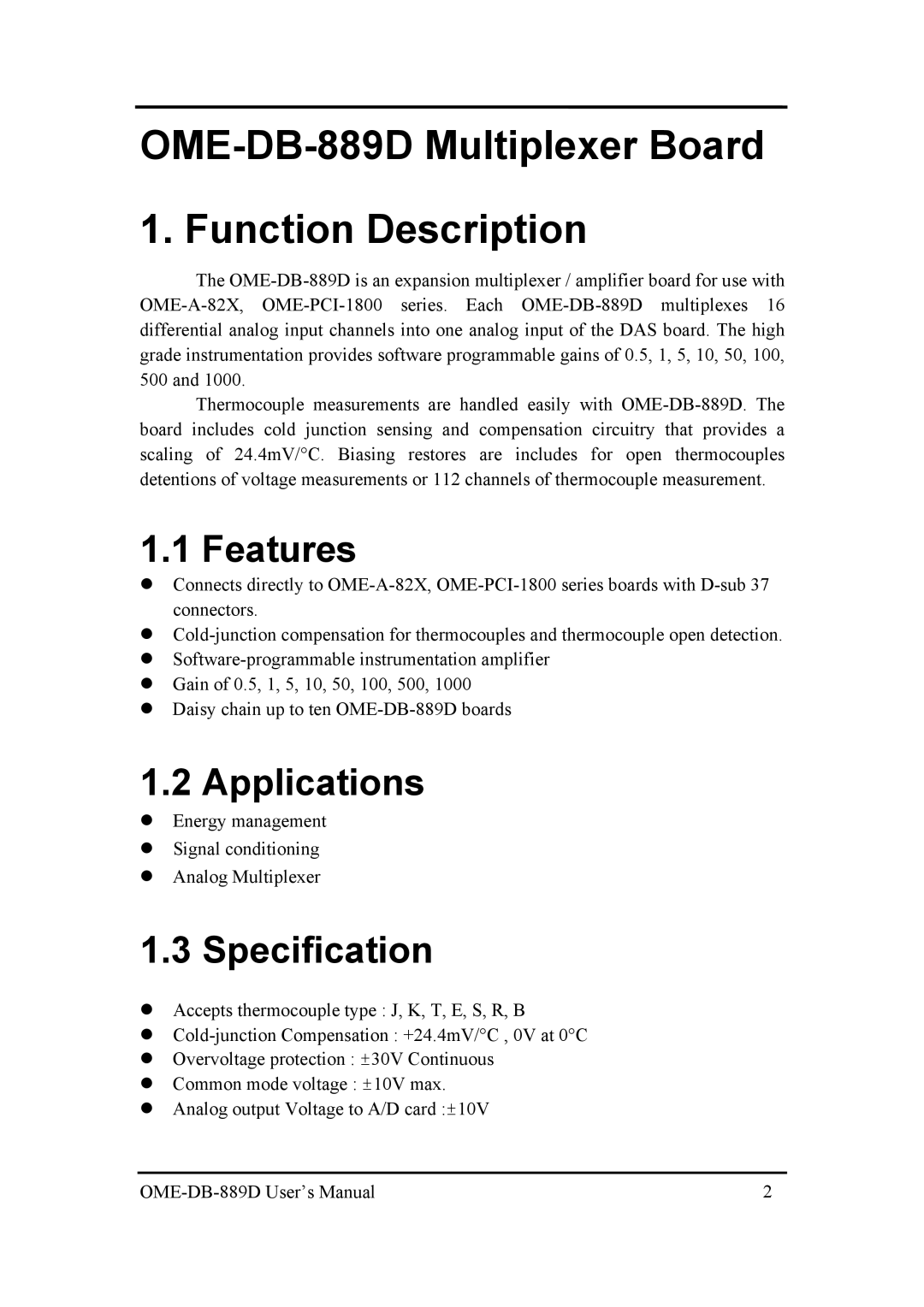 Omega Speaker Systems manual OME-DB-889D Multiplexer Board Function Description, Features, Applications, Specification 