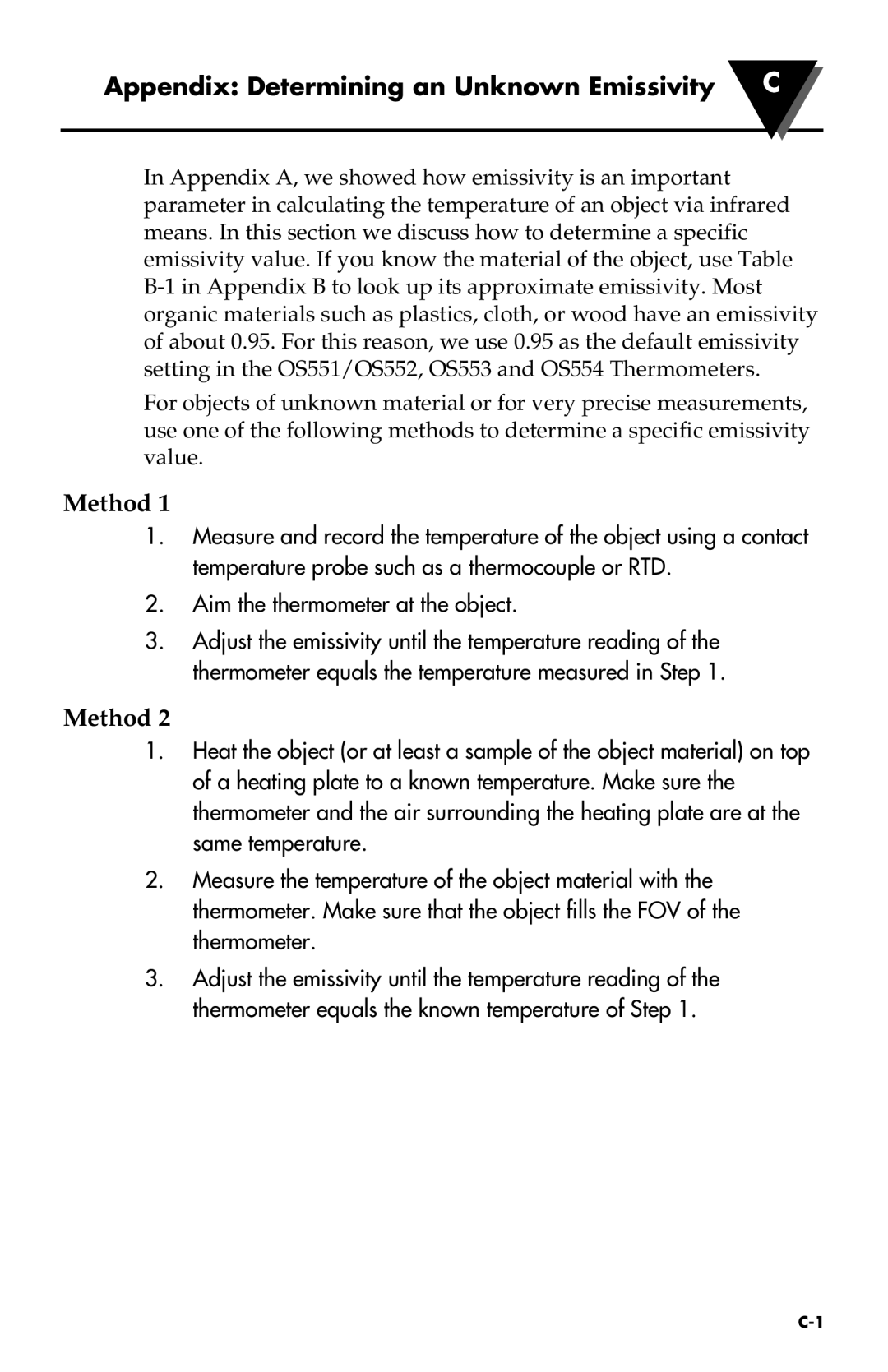 Omega Speaker Systems OS550 Series, OS550-BB Series manual Appendix Determining an Unknown Emissivity C, Method 