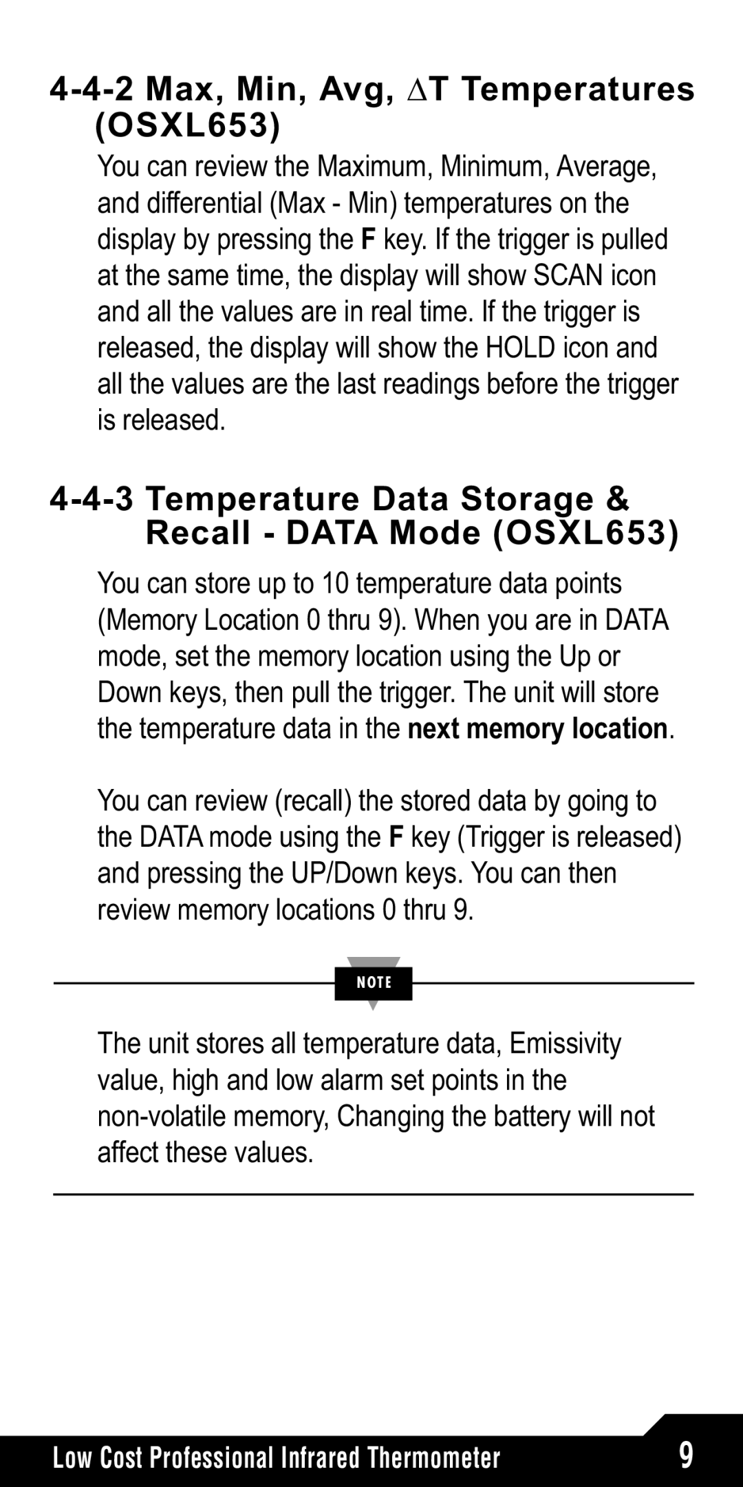 Omega Speaker Systems 2 Max, Min, Avg, ∆T Temperatures OSXL653, Temperature Data Storage & Recall Data Mode OSXL653 