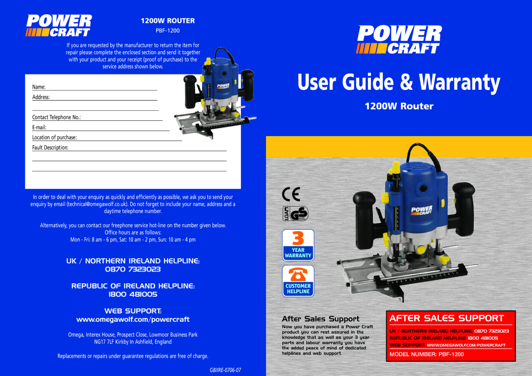 Omega Speaker Systems 1200W Router, PBF-1200 warranty User Guide & Warranty 