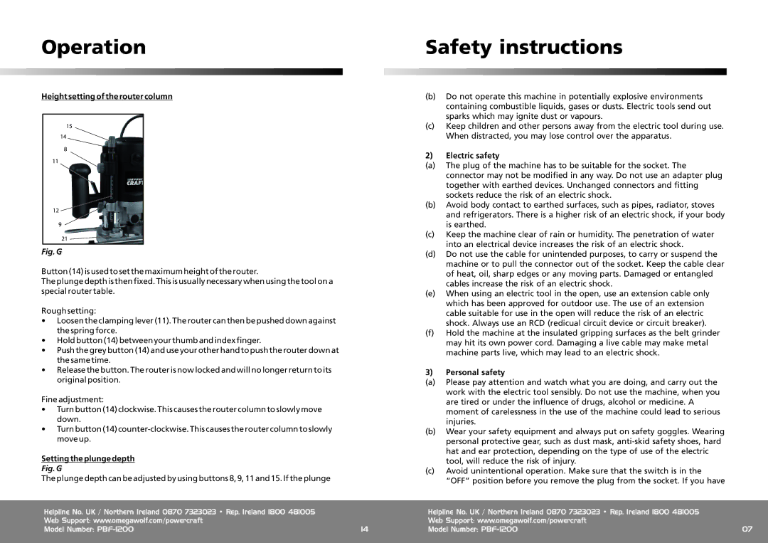 Omega Speaker Systems 1200W Router Operation Safety instructions, Height setting of the router column, Electric safety 