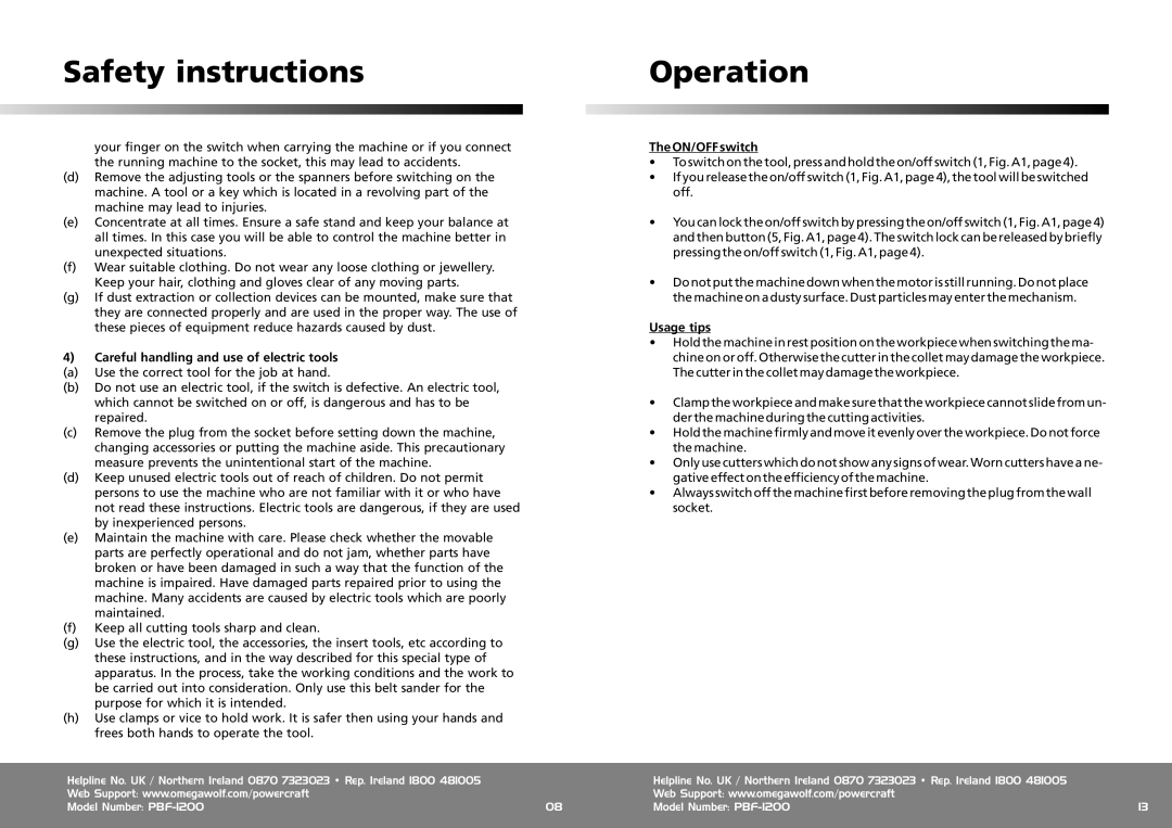 Omega Speaker Systems PBF-1200 Safety instructions Operation, Careful handling and use of electric tools, ON/OFF switch 