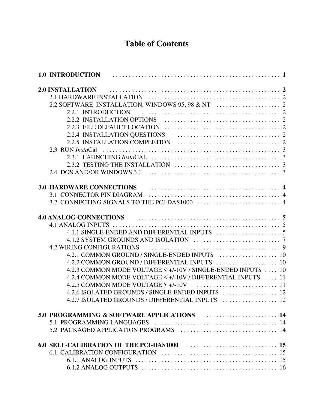 Omega Speaker Systems PCI-DAS1002, PCI-DAS1001 manual Table of Contents 