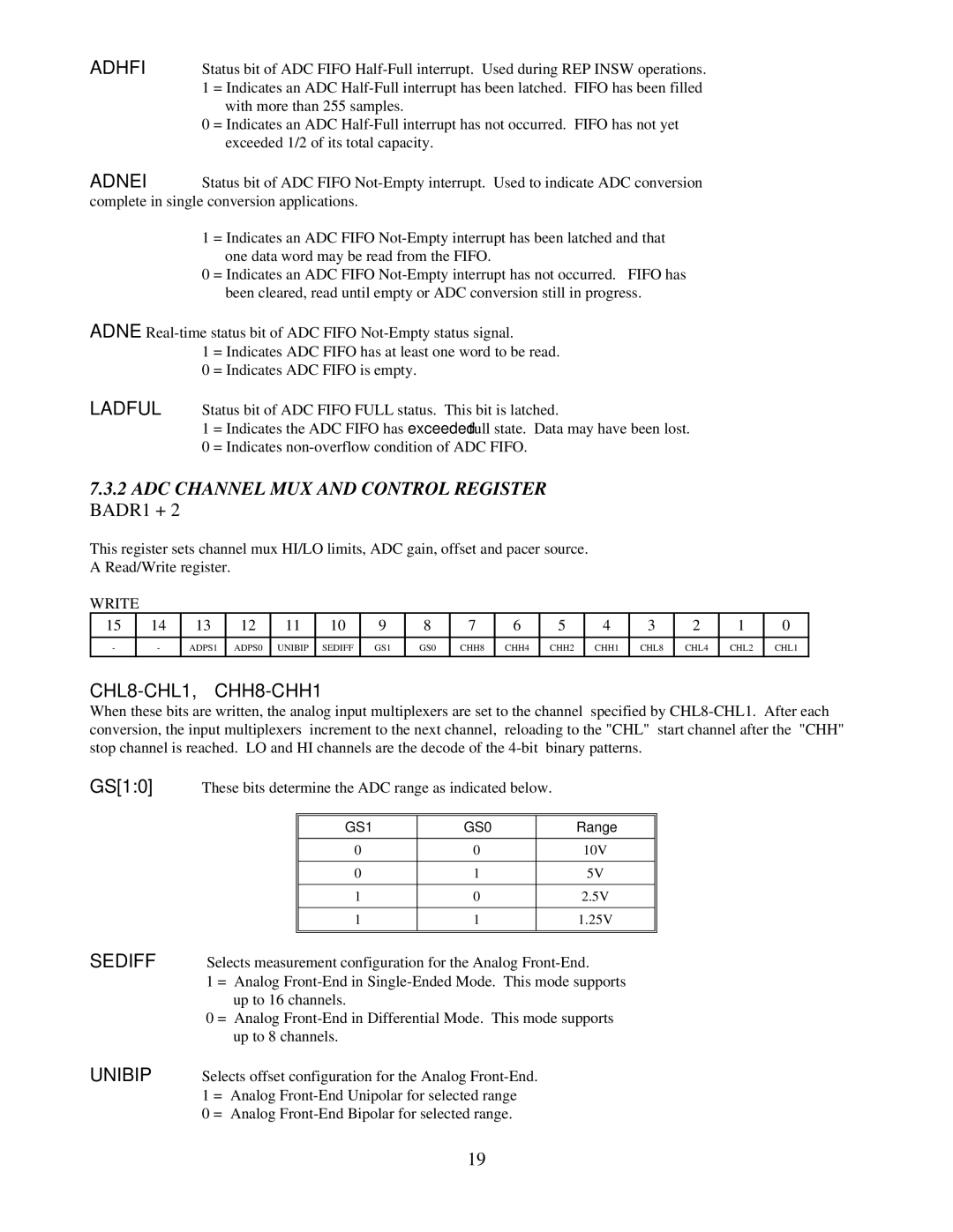 Omega Speaker Systems PCI-DAS1002, PCI-DAS1001 manual ADC Channel MUX and Control Register BADR1 +, CHL8-CHL1, CHH8-CHH1 