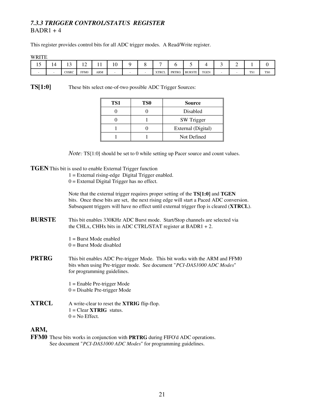 Omega Speaker Systems PCI-DAS1002, PCI-DAS1001 manual Trigger CONTROL/STATUS Register BADR1 +, TS10, Arm 
