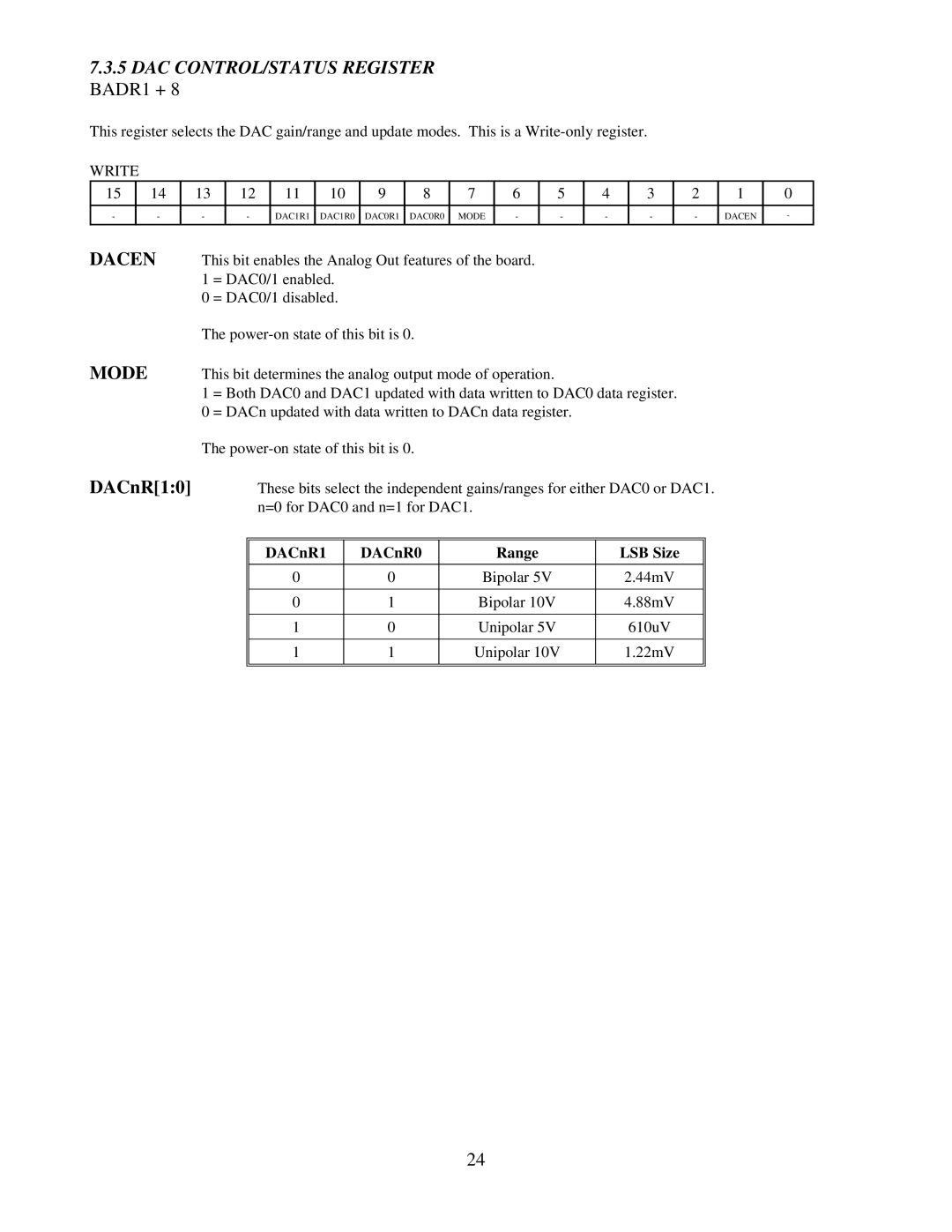 Omega Speaker Systems PCI-DAS1001 DAC CONTROL/STATUS Register BADR1 +, Dacen Mode, DACnR10, DACnR1 DACnR0 Range LSB Size 