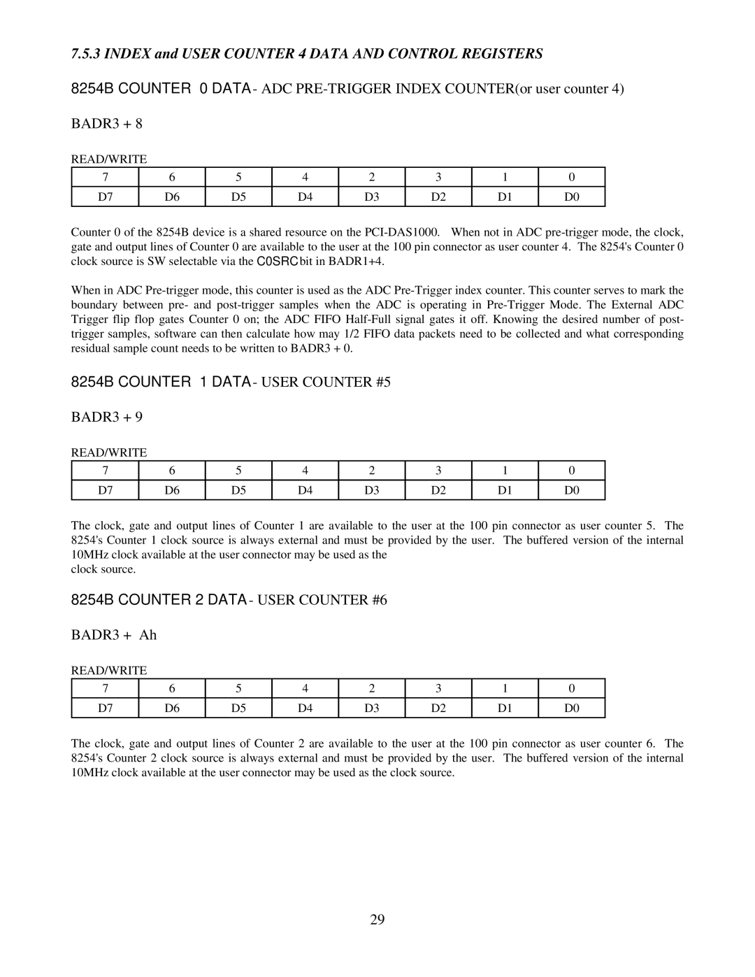 Omega Speaker Systems PCI-DAS1002, PCI-DAS1001 manual Index and User Counter 4 Data and Control Registers, BADR3 + Ah 