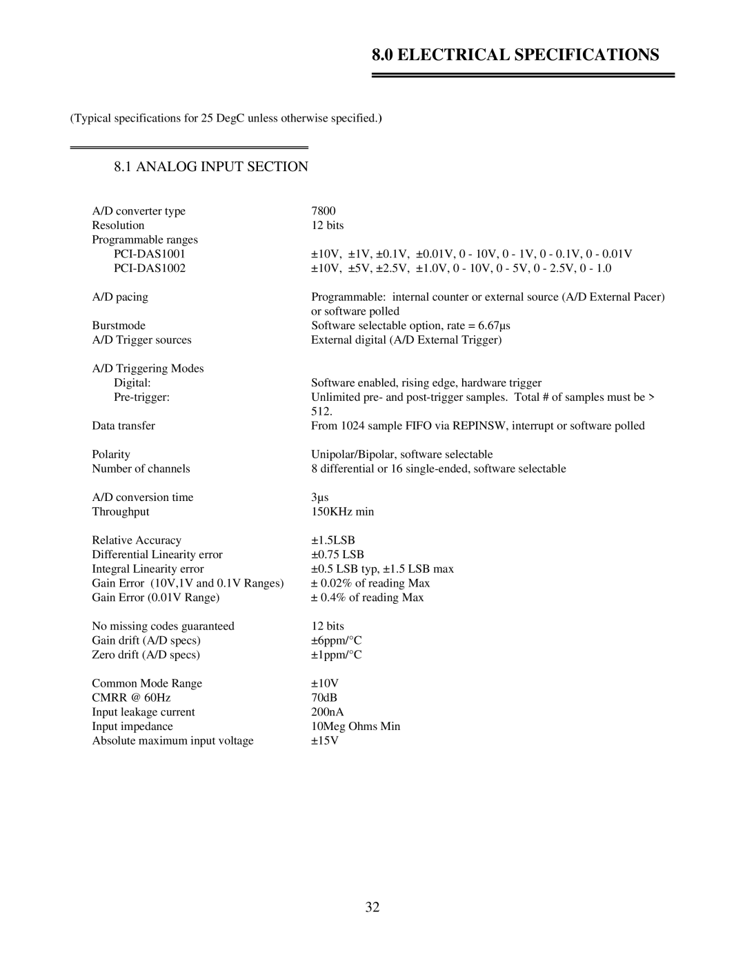 Omega Speaker Systems PCI-DAS1001, PCI-DAS1002 manual Electrical Specifications 