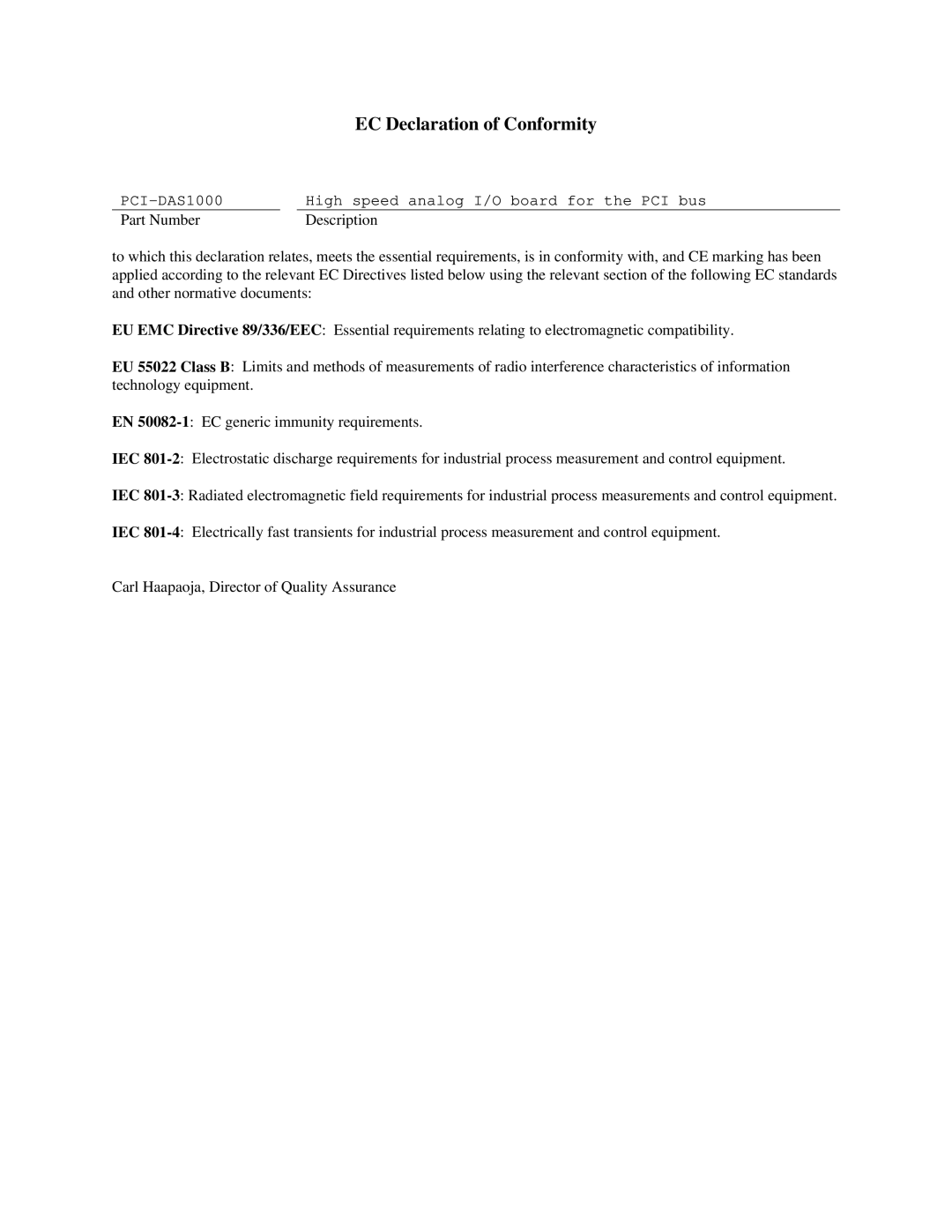 Omega Speaker Systems PCI-DAS1002, PCI-DAS1001 manual EC Declaration of Conformity 