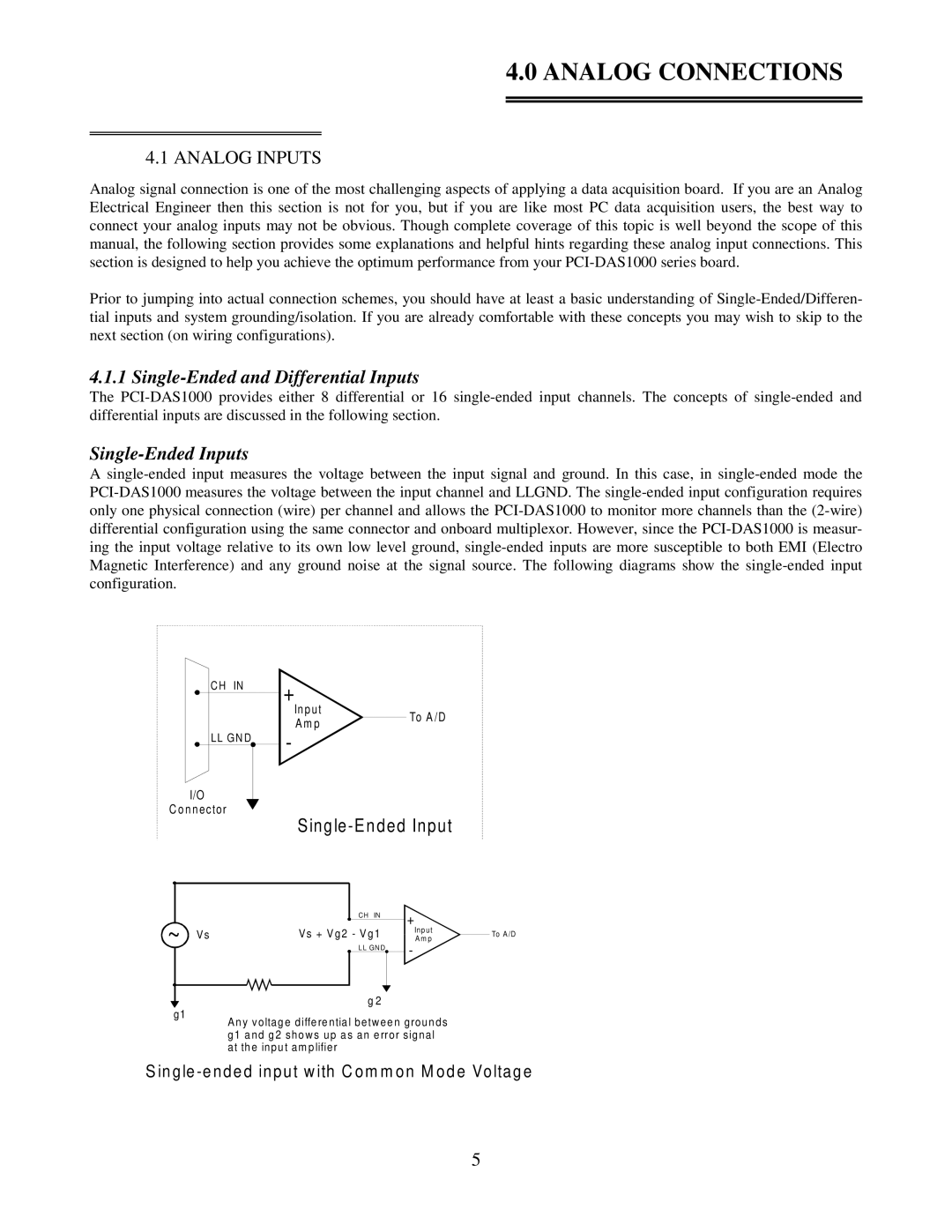 Omega Speaker Systems PCI-DAS1002 manual Analog Connections, Single-Ended and Differential Inputs, Single-Ended Inputs 