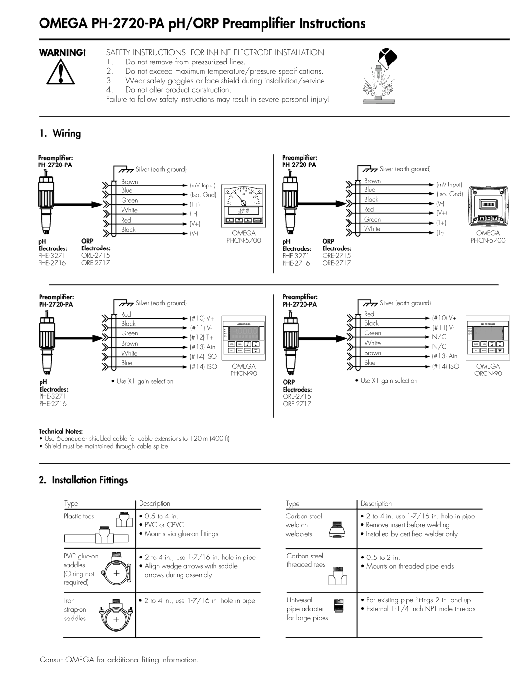 Omega Speaker Systems PH-2720-PA Wiring, Installation Fittings, Safety Instructions for IN-LINE Electrode Installation 