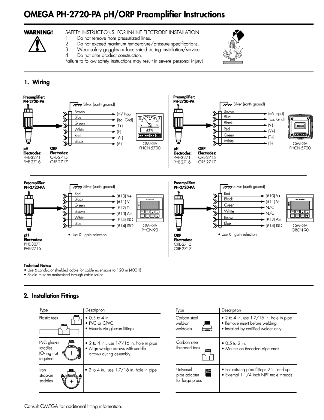 Omega Speaker Systems manual Wiring, Installation Fittings, OMEGA PH-2720-PApH/ORP Preamplifier Instructions 