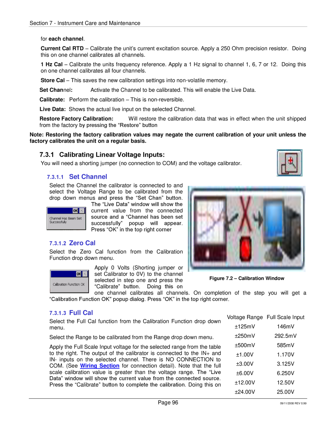 Omega Speaker Systems RD8300 manual Calibrating Linear Voltage Inputs, Set Channel, Zero Cal, Full Cal, For each channel 