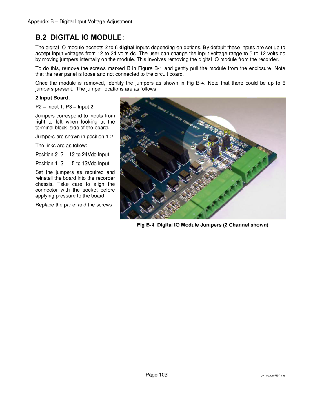 Omega Speaker Systems RD8300 manual Input Board, Fig B-4 Digital IO Module Jumpers 2 Channel shown 