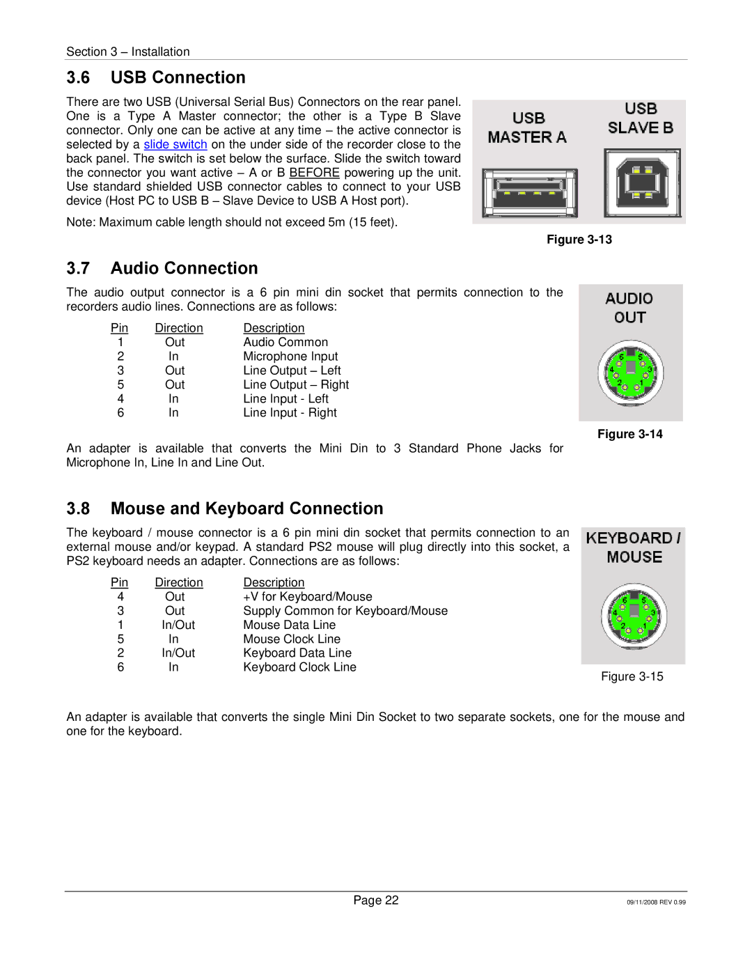 Omega Speaker Systems RD8300 manual USB Connection, Audio Connection, Mouse and Keyboard Connection 