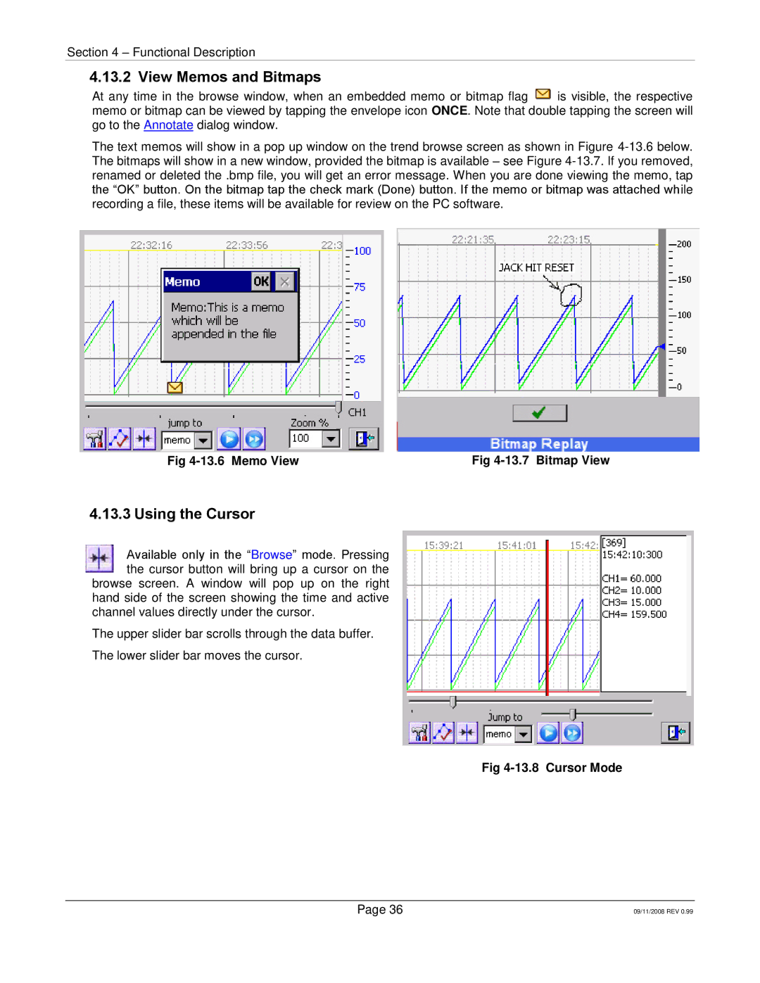 Omega Speaker Systems RD8300 manual View Memos and Bitmaps, Using the Cursor, Memo View 13.7 Bitmap View, Cursor Mode 