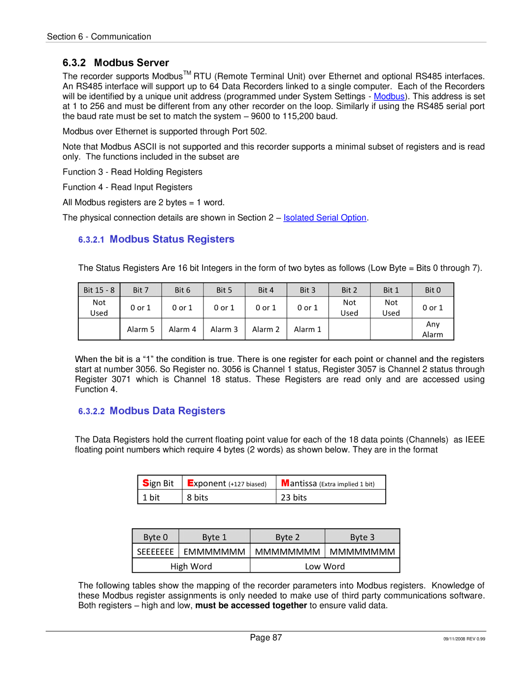 Omega Speaker Systems RD8300 manual Modbus Server, Modbus Status Registers, Modbus Data Registers 