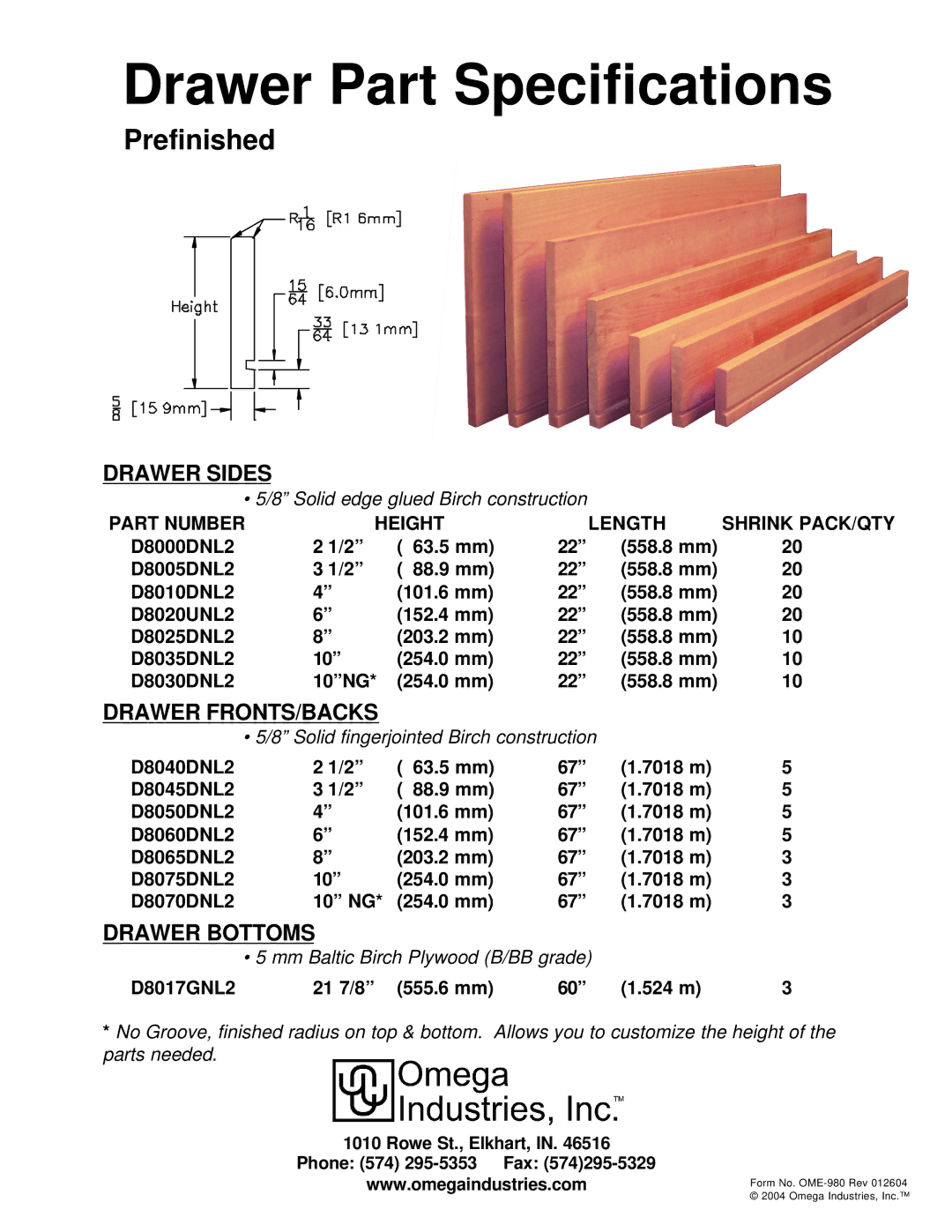 Omega Speaker Systems Solid Birch Drawer manual Drawer Part Specifications, Prefinished, Drawer Sides, Drawer FRONTS/BACKS 