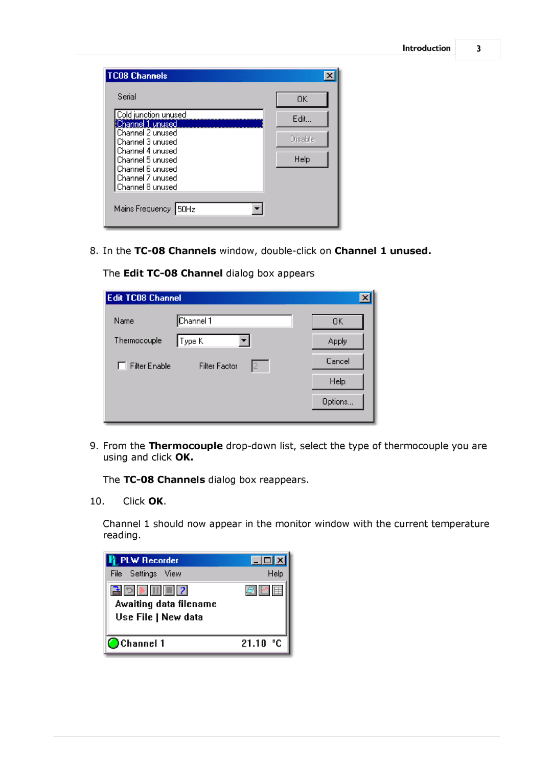 Omega Speaker Systems manual TC-08 Channels window, double-click on Channel 1 unused 