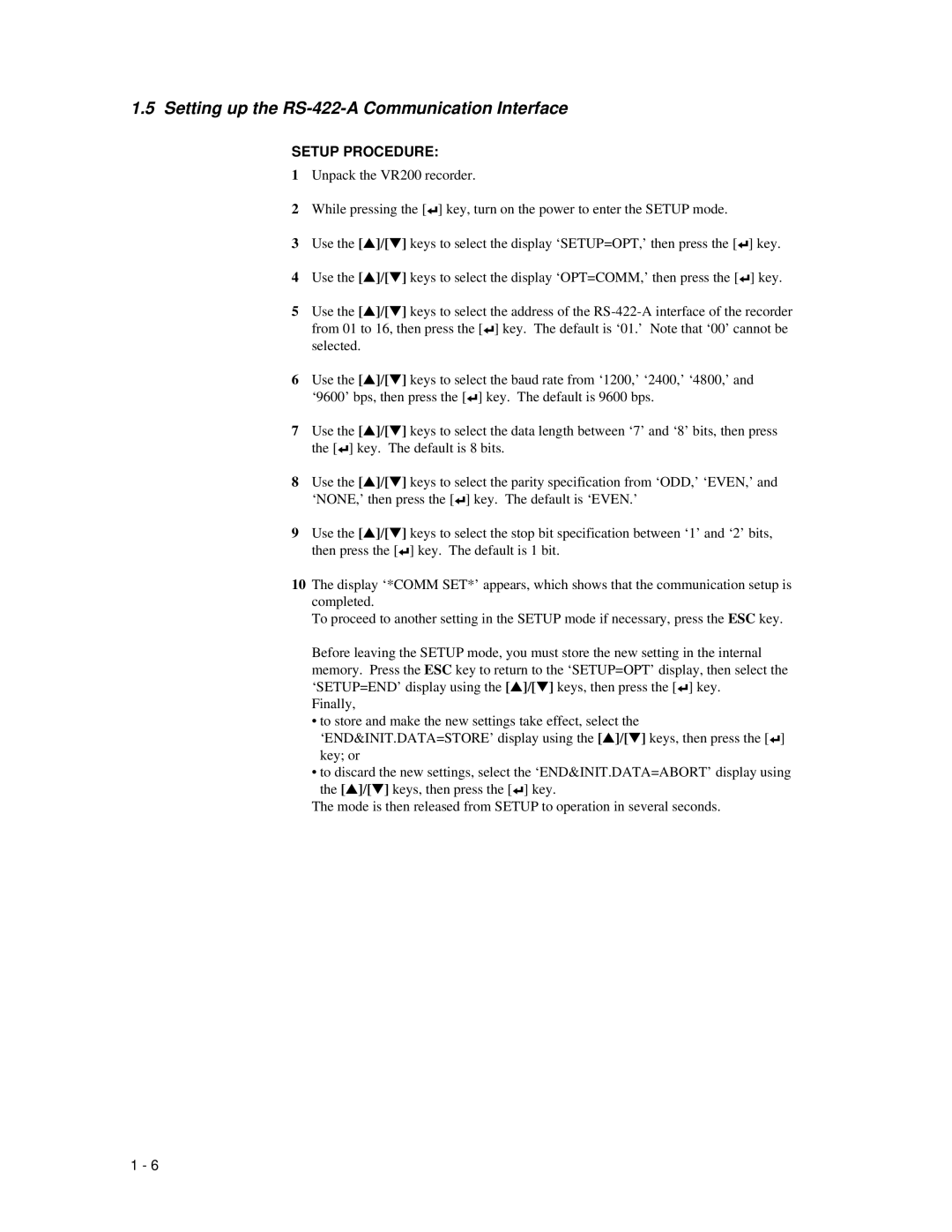 Omega Speaker Systems VR200 instruction manual Setting up the RS-422-A Communication Interface, Setup Procedure 