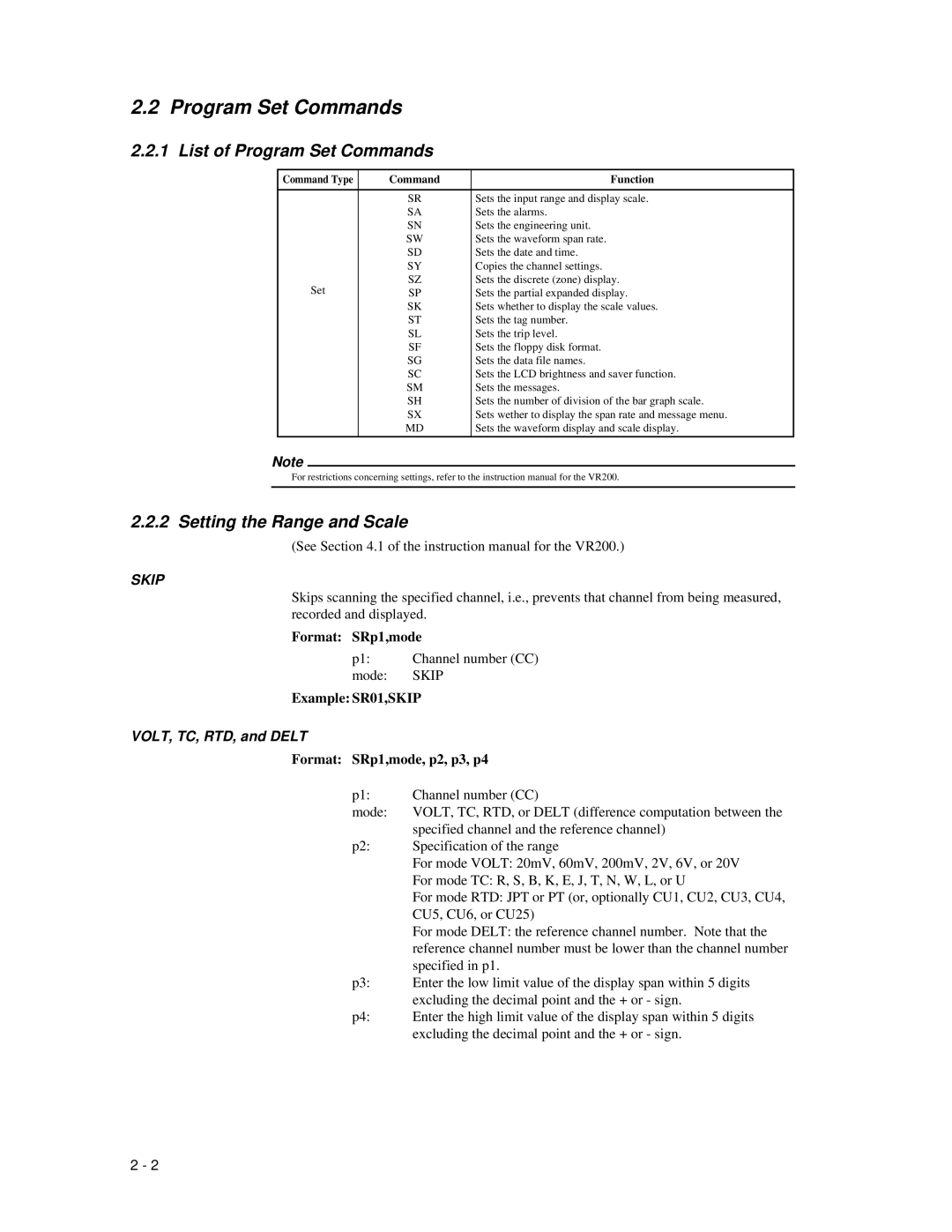 Omega Speaker Systems VR200 List of Program Set Commands, Setting the Range and Scale, Format SRp1,mode, Example SR01,SKIP 