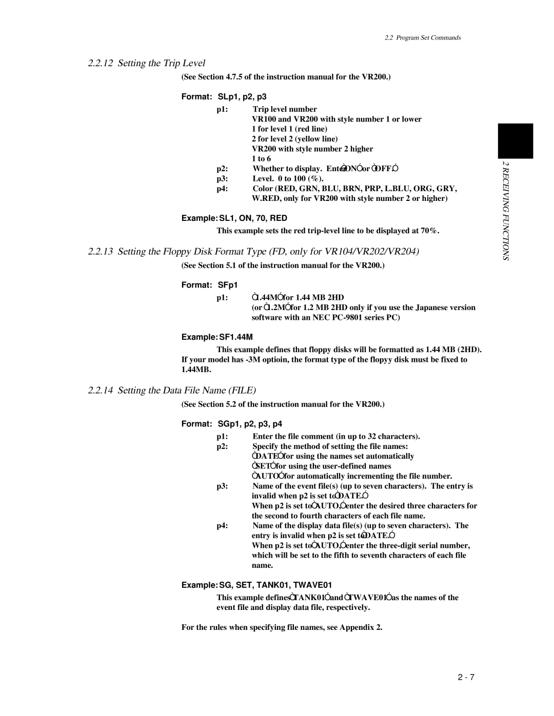 Omega Speaker Systems VR200 instruction manual Setting the Trip Level, Setting the Data File Name File 