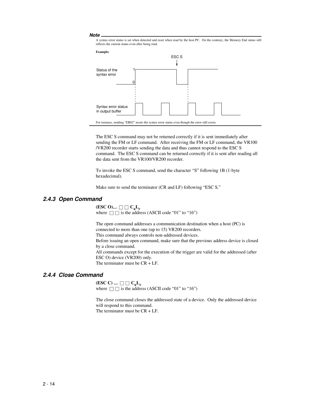 Omega Speaker Systems VR200 instruction manual Open Command, Close Command, ESC O Crlf, ESC C Crlf 