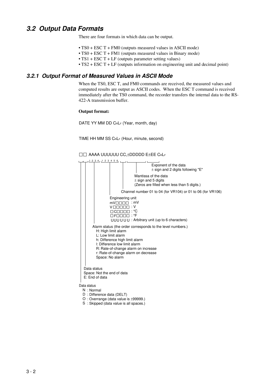 Omega Speaker Systems VR200 instruction manual Output Data Formats, Output Format of Measured Values in Ascii Mode 