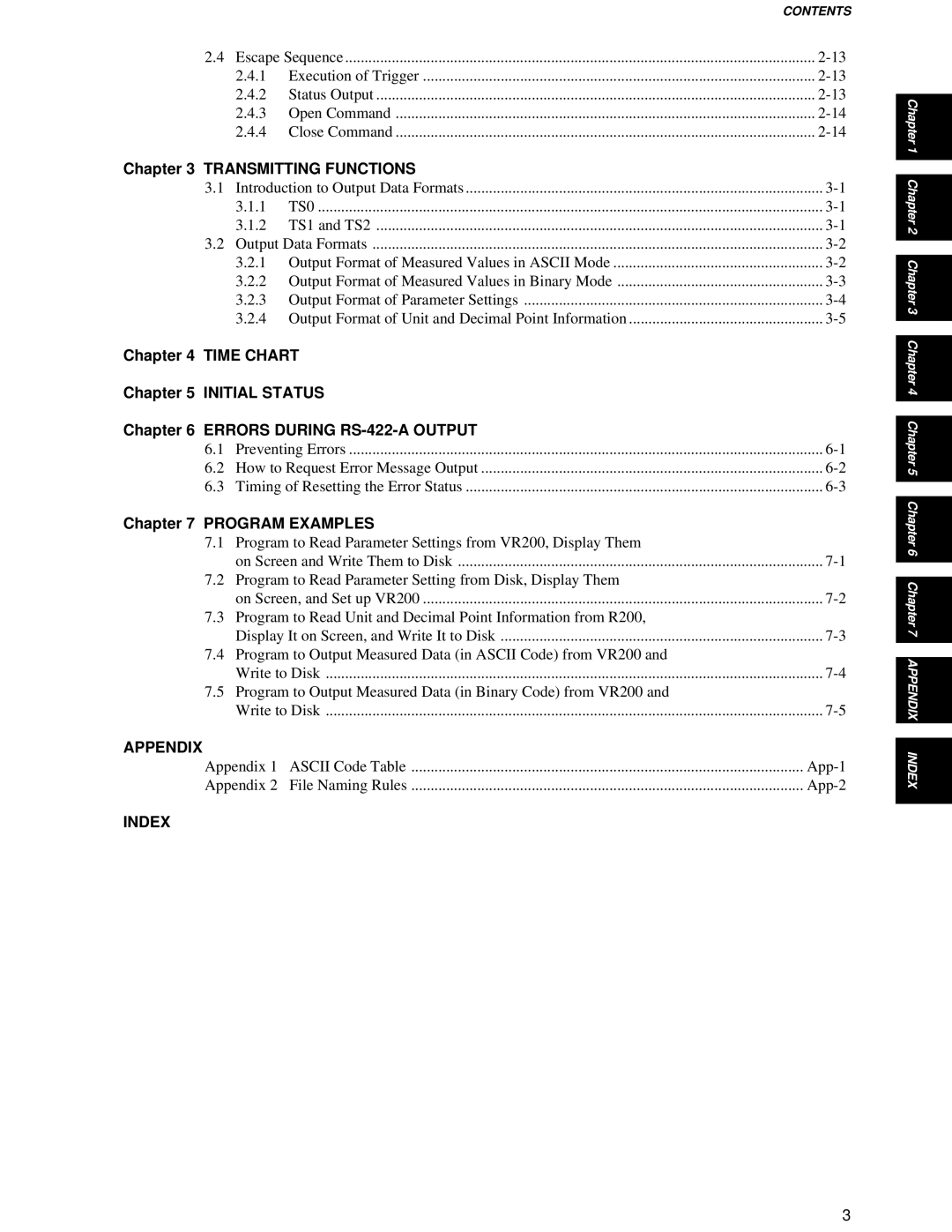 Omega Speaker Systems VR200 Transmitting Functions, Time Chart Initial Status Errors During RS-422-A Output 