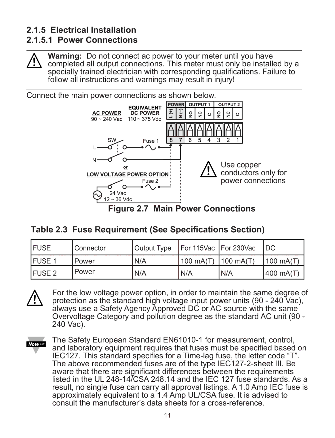 Omega Speaker Systems wi Series manual Electrical Installation Power Connections 