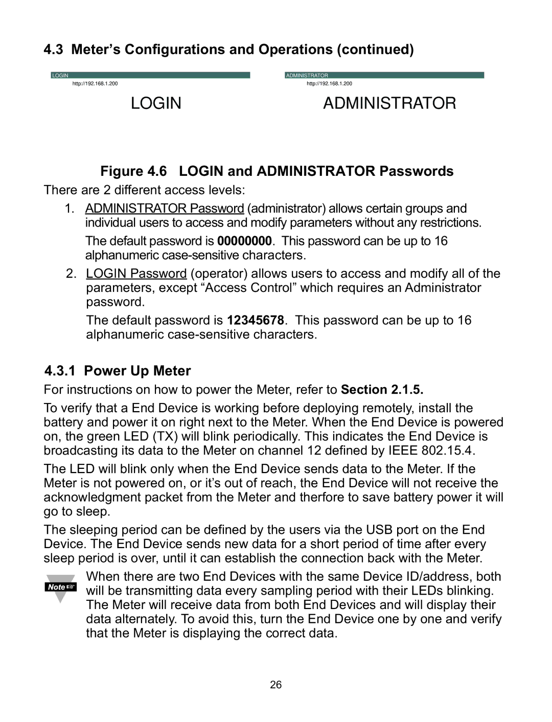 Omega Speaker Systems wi Series manual Login and Administrator Passwords, Power Up Meter 