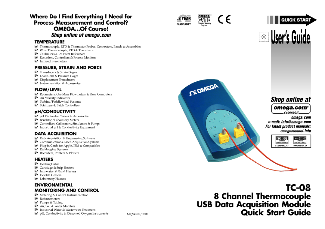 Omega TC-08 quick start Temperature, PRESSURE, Strain and Force, Flow/Level, Data Acquisition, Heaters 