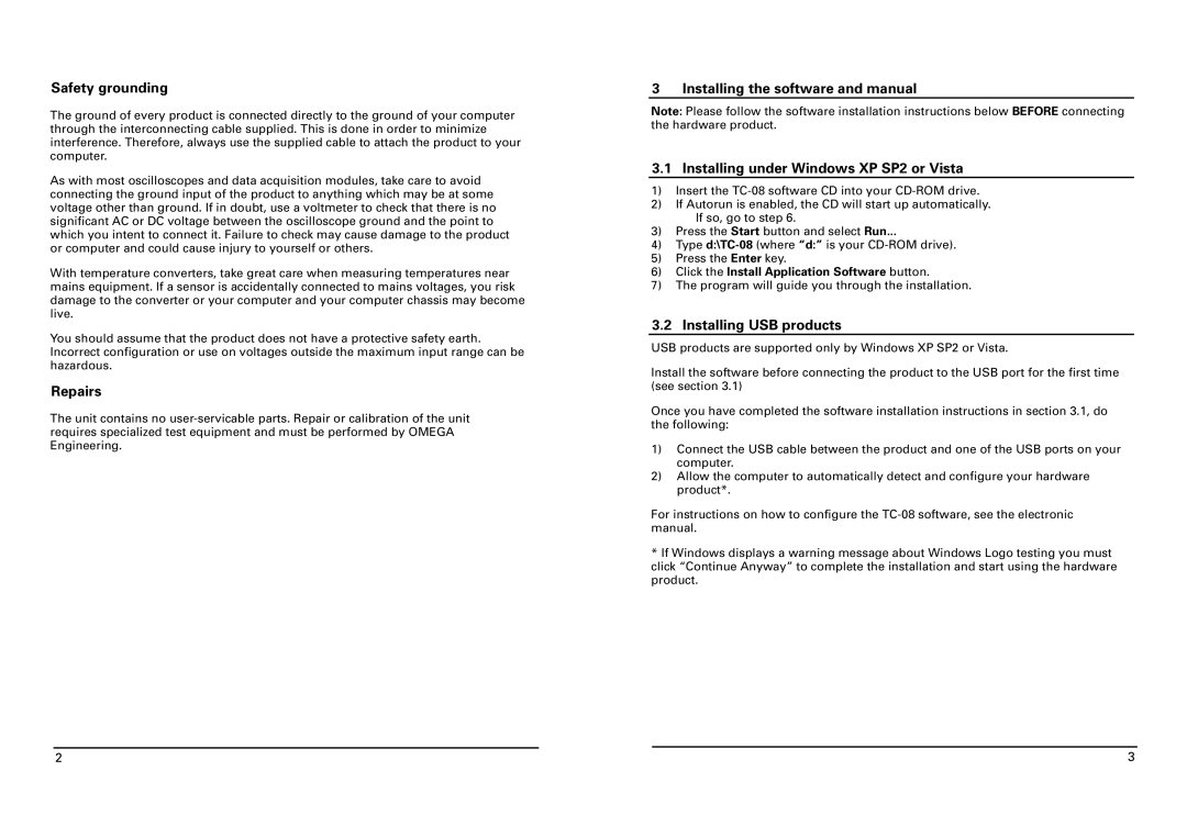 Omega TC-08 quick start Safety grounding, Repairs, Installing USB products 