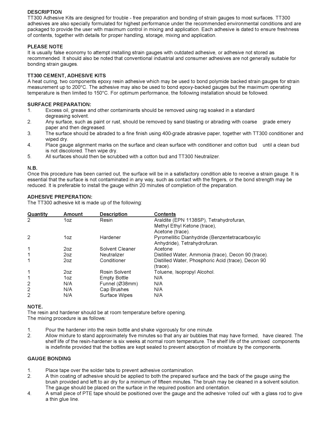 Omega Description, Please Note, TT300 CEMENT, Adhesive Kits, Surface Preparation, Adhesive Preperation, Gauge Bonding 