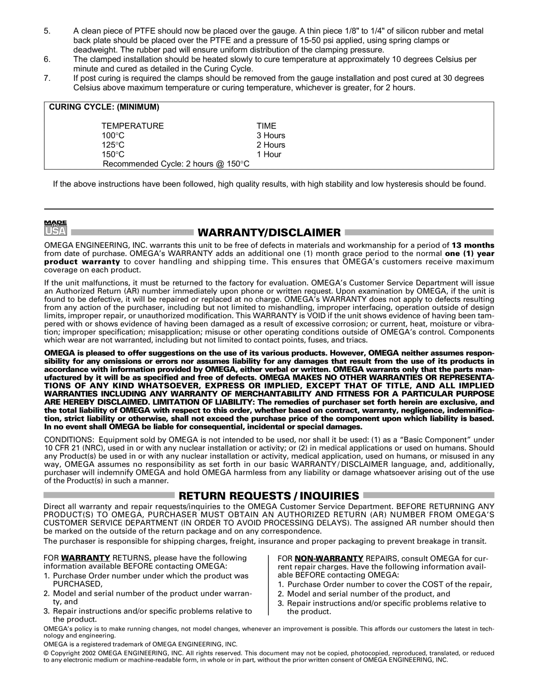 Omega TT300 manual Curing Cycle Minimum, Temperature Time 