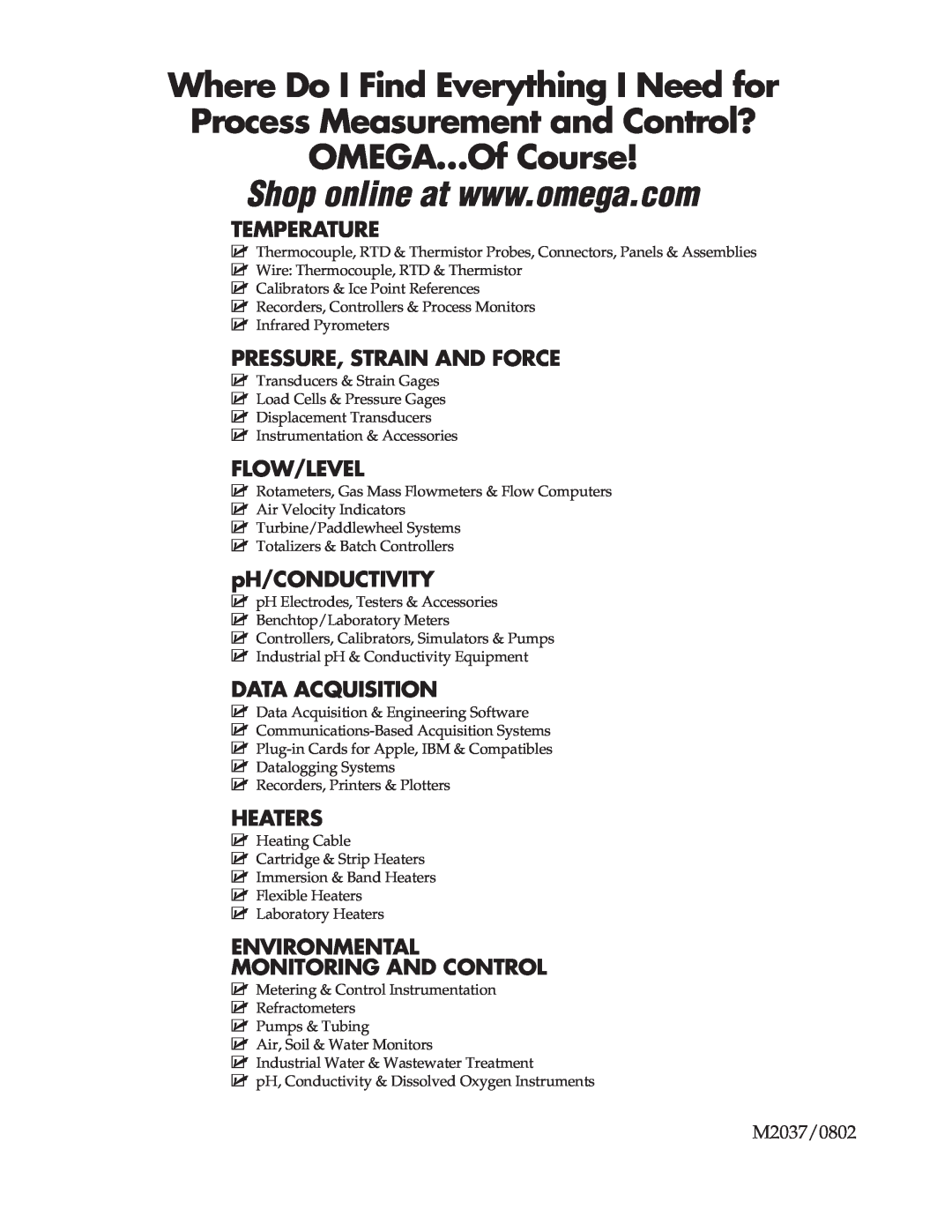 Omega TT300 manual OMEGA…Of Course, Temperature, Pressure, Strain And Force, Flow/Level, pH/CONDUCTIVITY, Data Acquisition 