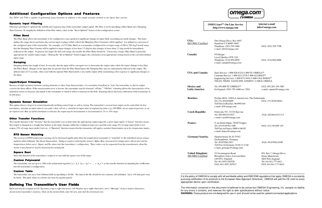 Omega TX787 OMEGAnet SM On-Line Service Internet e-mail Info@omega.com, USA and Canada, Mexico, Latin America, Benelux 