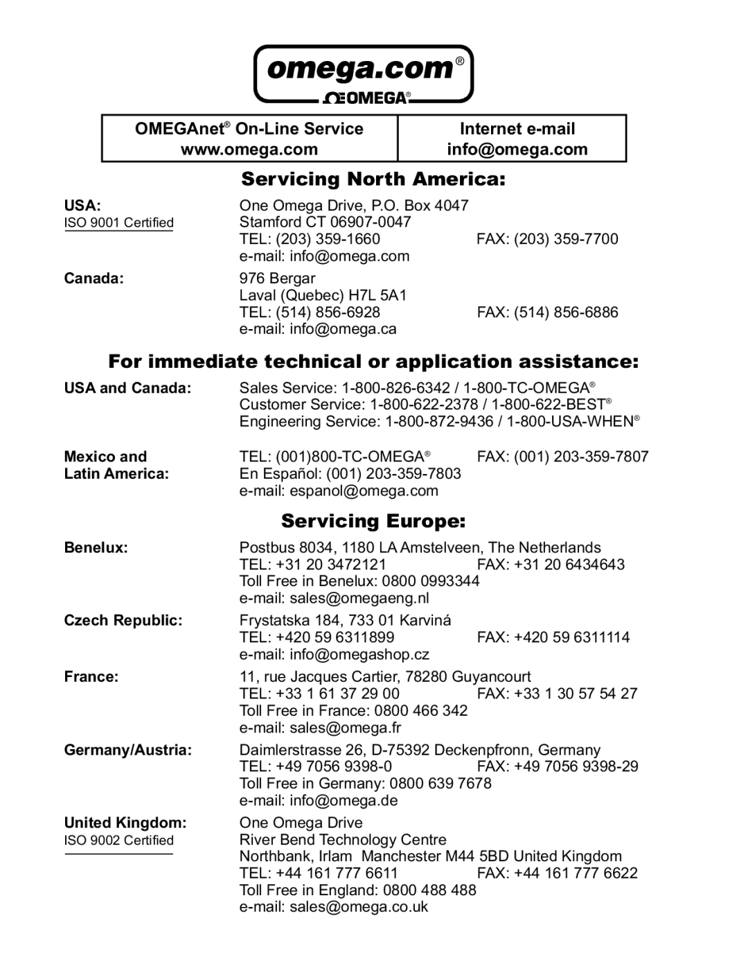 Omega TX82B manual Servicing North America, Usa 