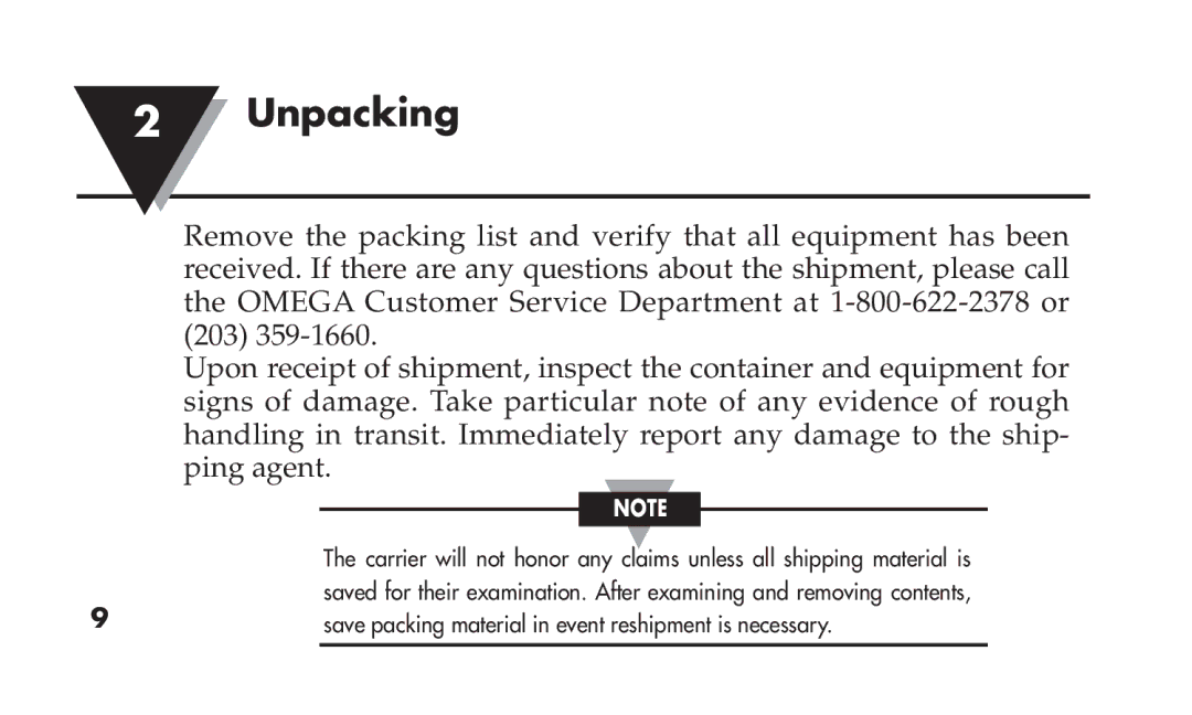 Omega TX91 manual Unpacking 