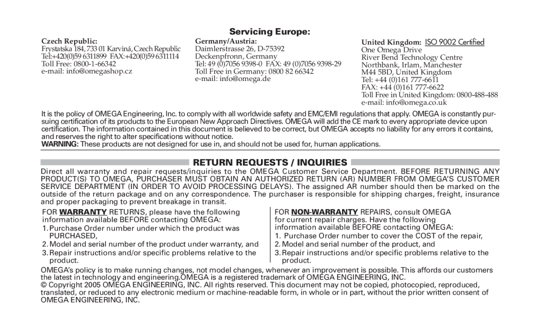 Omega TX91 manual Return Requests / Inquiries 