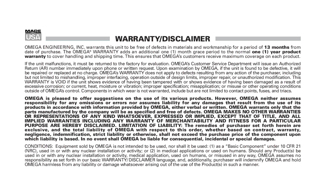 Omega TX91 manual Warranty/Disclaimer 