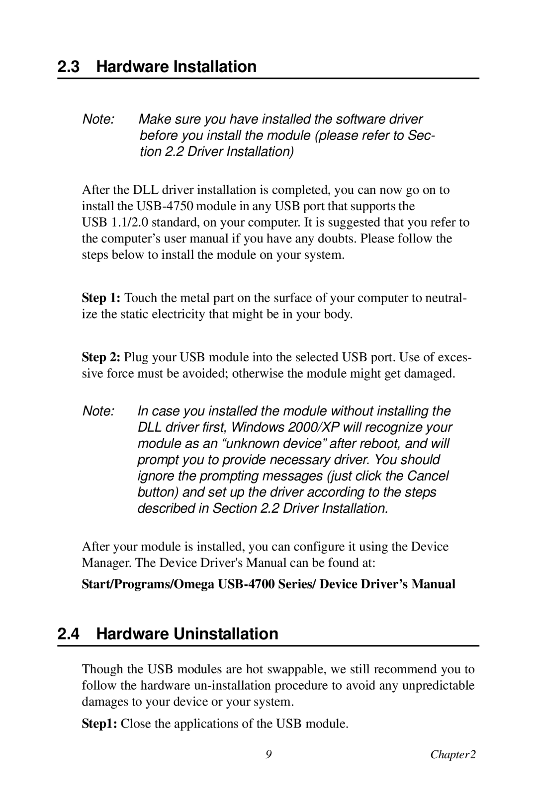 Omega USB-4750 manual Hardware Installation, Hardware Uninstallation 