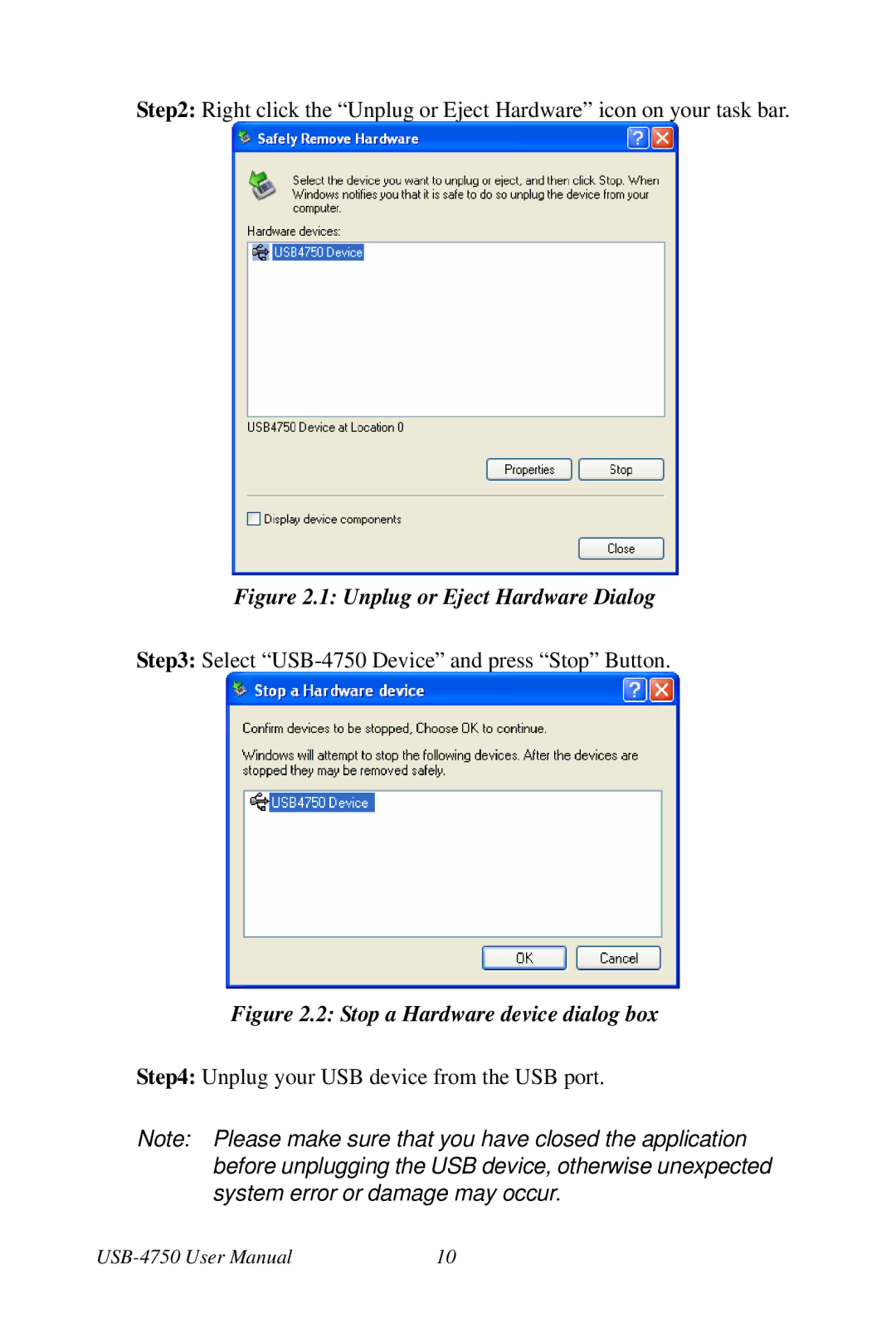 Omega USB-4750 manual Unplug or Eject Hardware Dialog 