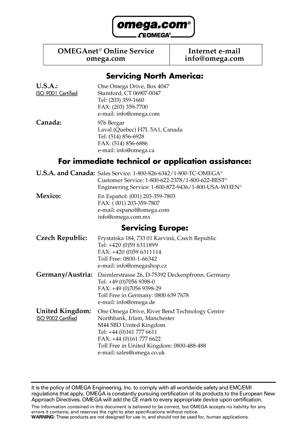 Omega USB-4750 manual Servicing North America 