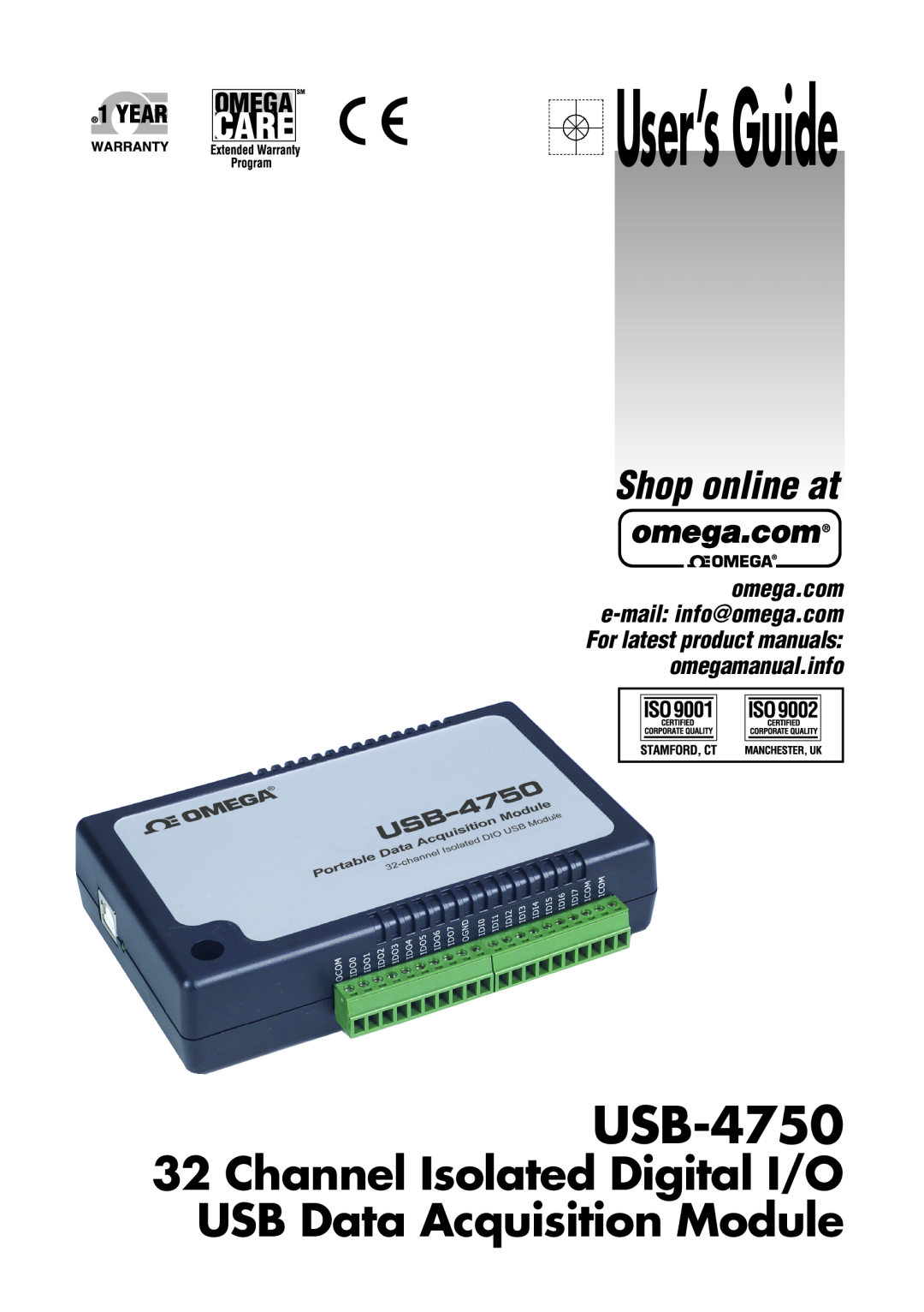 Omega USB-4750 manual User’s Guide, Channel Isolated Digital I/O USB Data Acquisition Module, Shop online at 