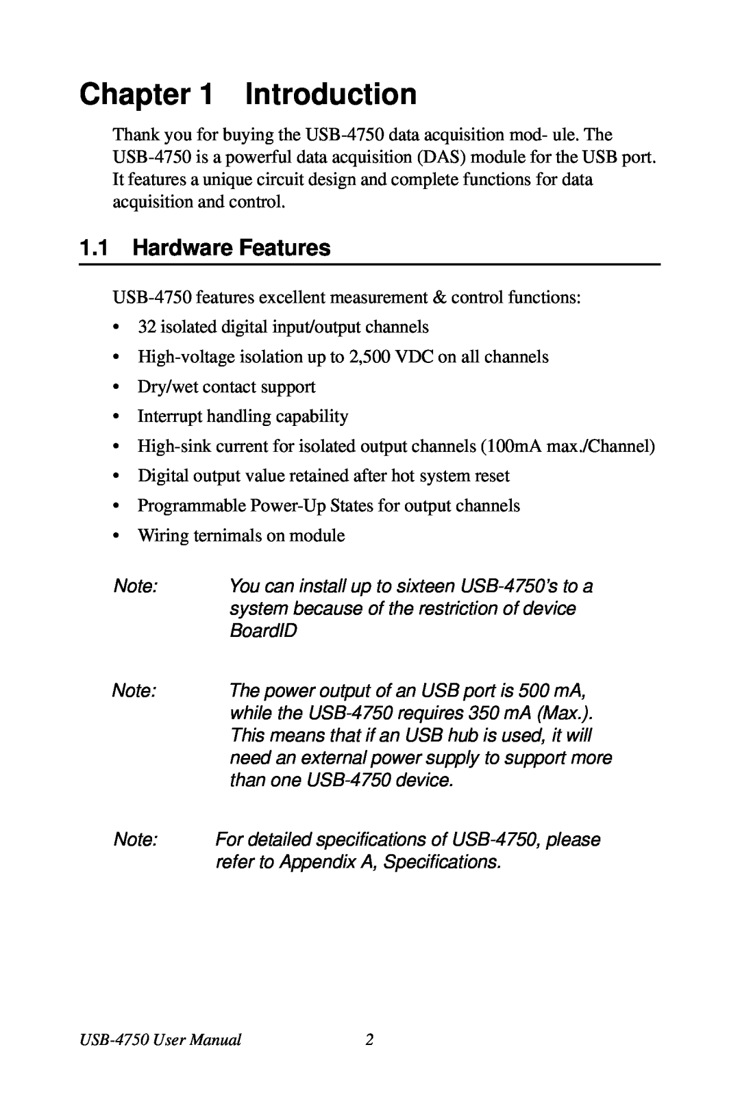 Omega USB-4750 manual Introduction, Hardware Features 